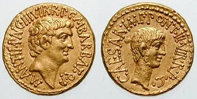 Monedas con las efigies de Marco Antonio y Cesar Augusto