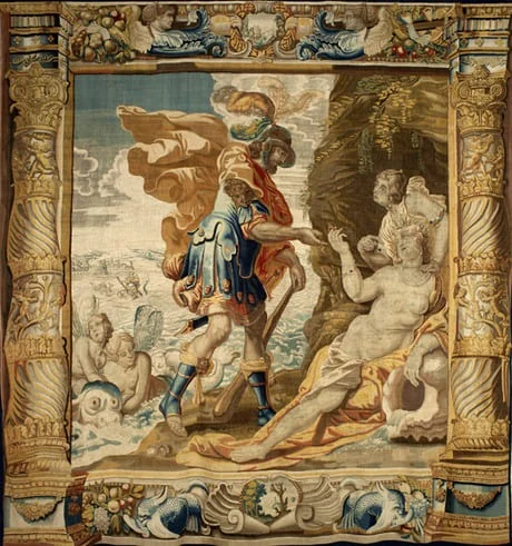 Manufactura de Jan Raes el Joven. Teseo recibe de Anfitrite la sortija de MInos. Hacia 1630. Tapiz en seda y lana. 392 x 376 cm. Palacio Real de El Pardo Espana. Imagen de PMRMaeyaert.